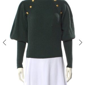 Veronica Beard Dark Green Puff-Sleeve Ribbed Sweater with Gold Buttons